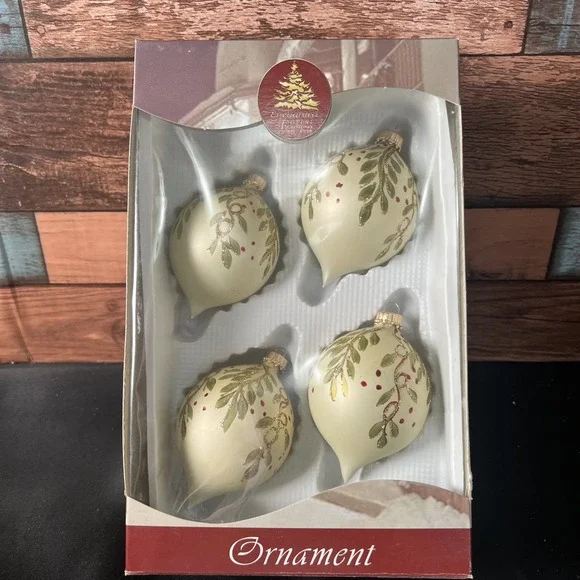 Vtg‎ Enchanted Forest  Glass Glitter Teardrop Holly Christmas Ornaments 4ct NIB - Picture 3 of 5